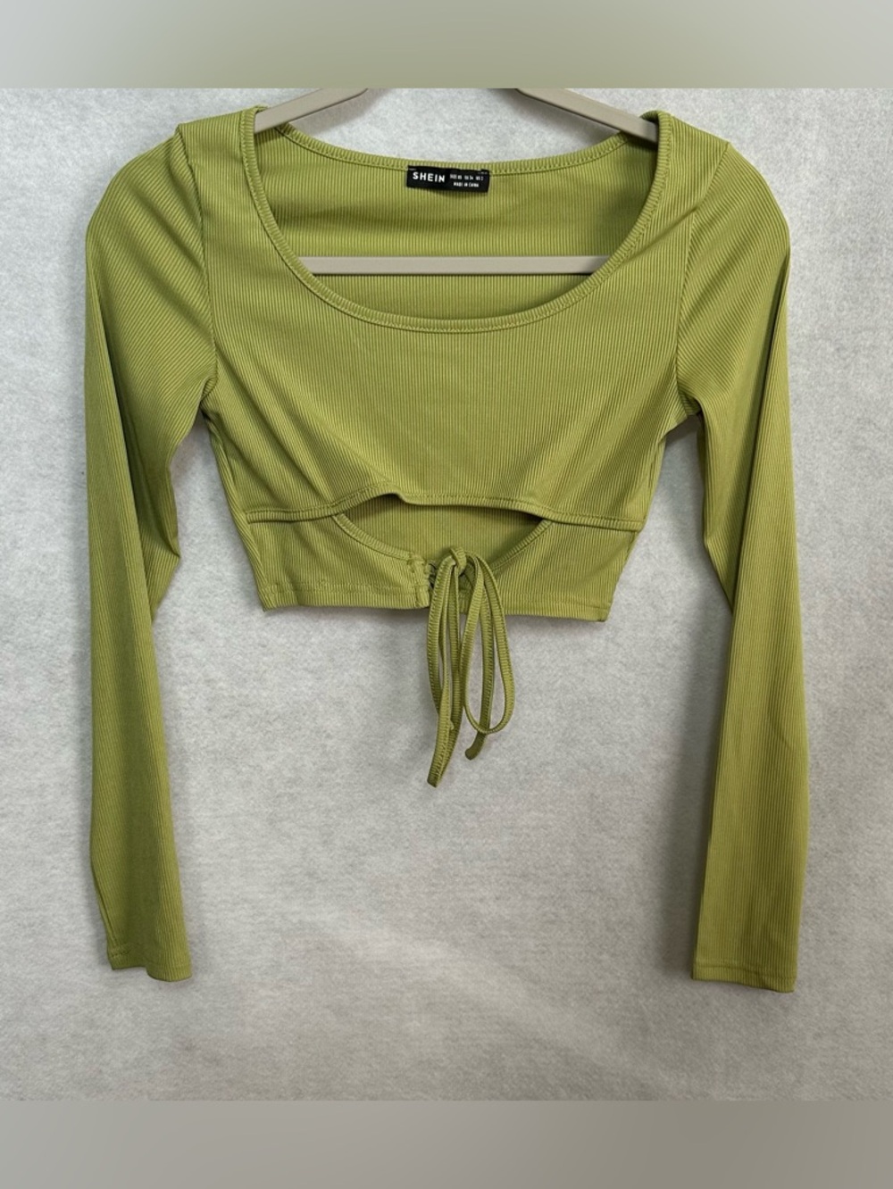 SHEIN Olive Tie-Front Ribbed Long Sleeve Crop Top